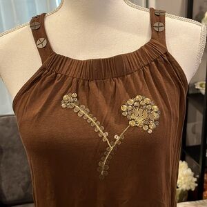 Nine West Brown summer top. Lg. Bronze color decoration on front.